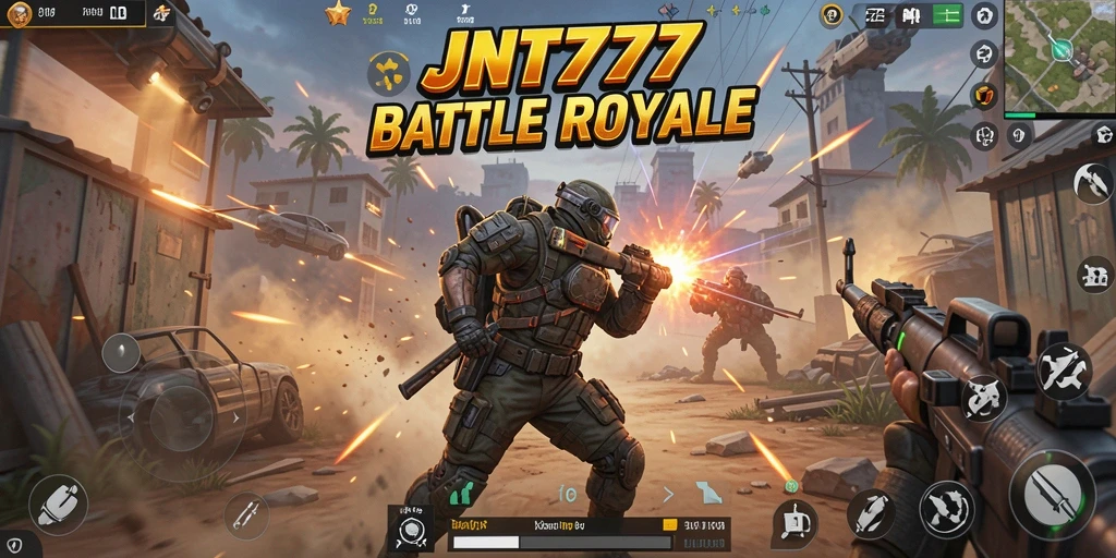Screenshot utama JNT777 menampilkan aksi intens dalam gameplay Battle Royale.