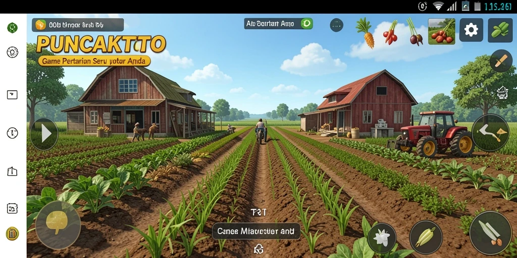 Screenshot gameplay <strong>PUNCAKTOTO</strong> menampilkan ladang yang subur dan alat pertanian.